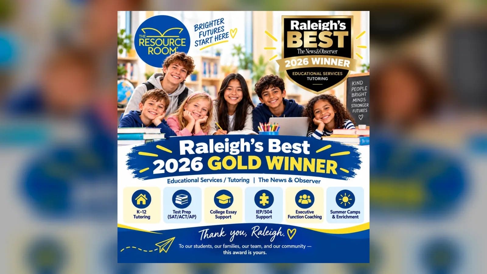 Raleigh’s Best 2026 Gold Winner graphic for Resource Room Learning Center, Educational Services/Tutoring, The News & Observer