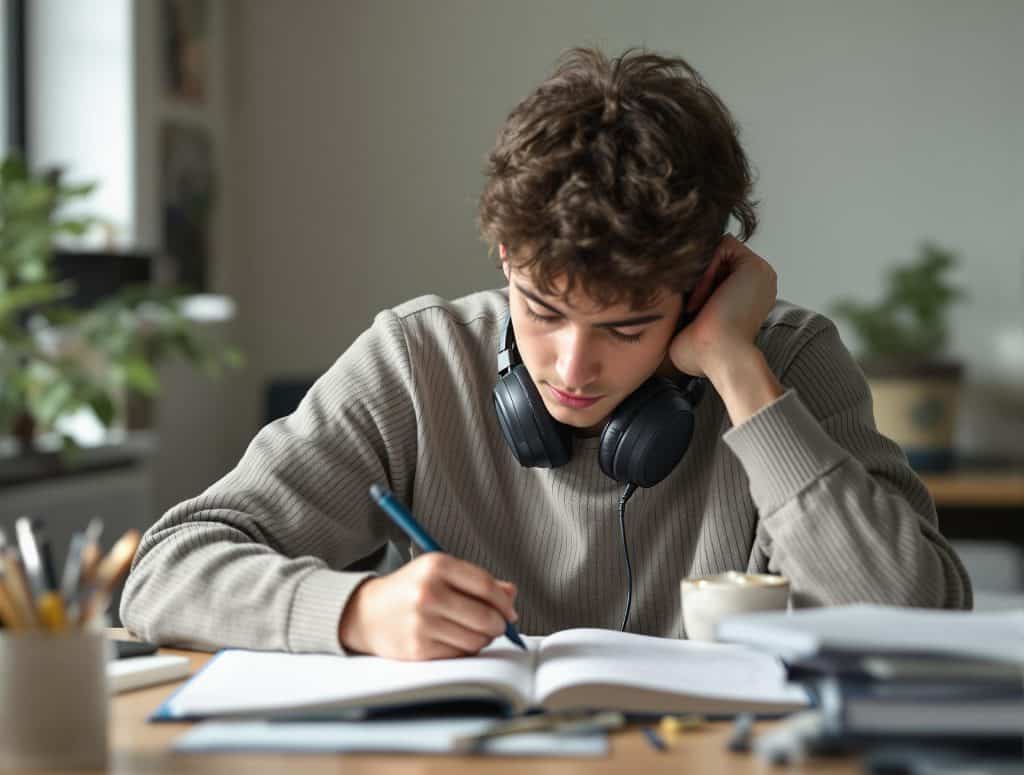 A high school student working through notes at a desk with headphones around their neck.