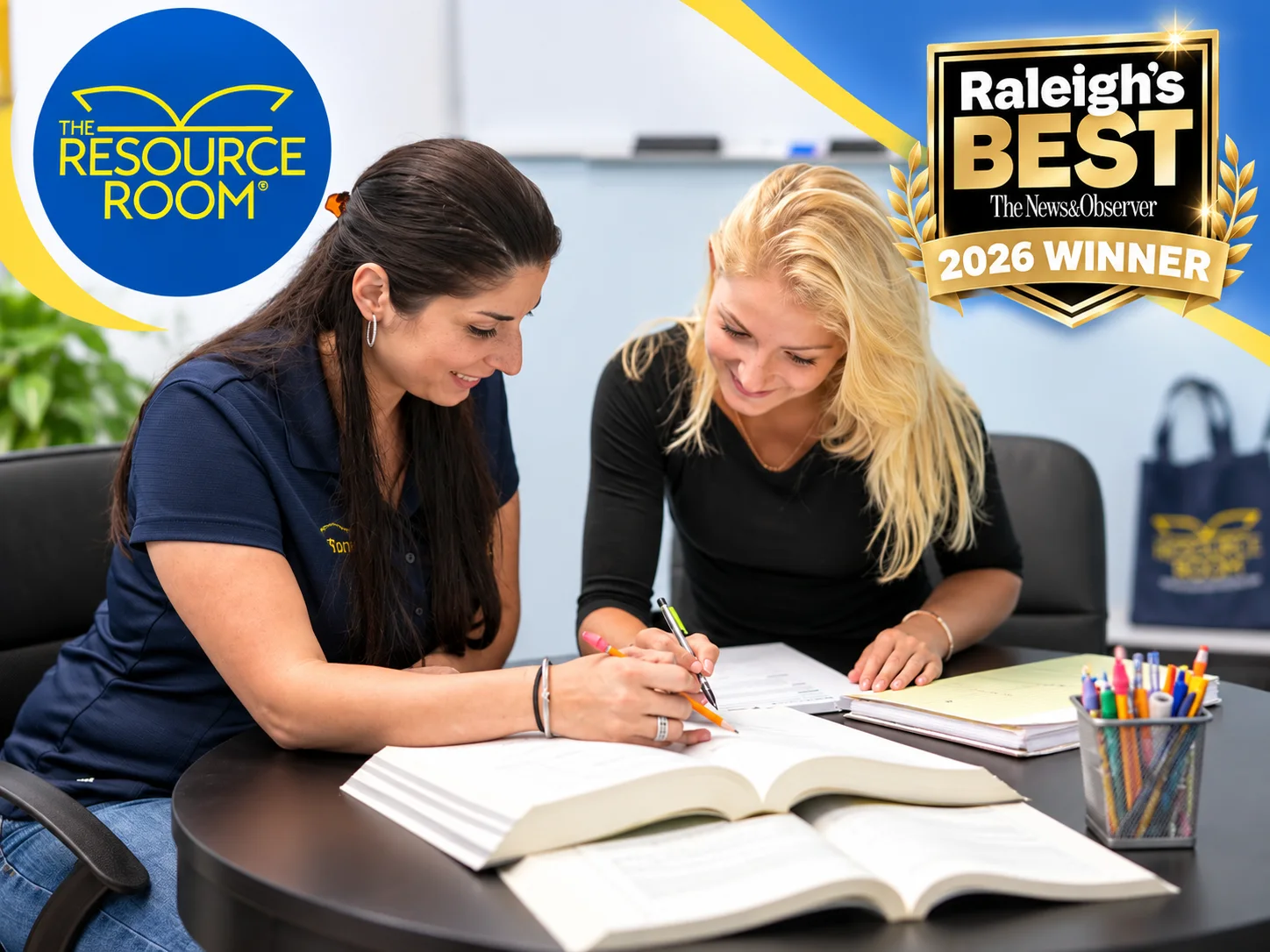A Resource Room tutor and a student working together over open books at a table, with The Resource Room logo and the Raleigh’s Best 2026 Winner badge from The News & Observer.